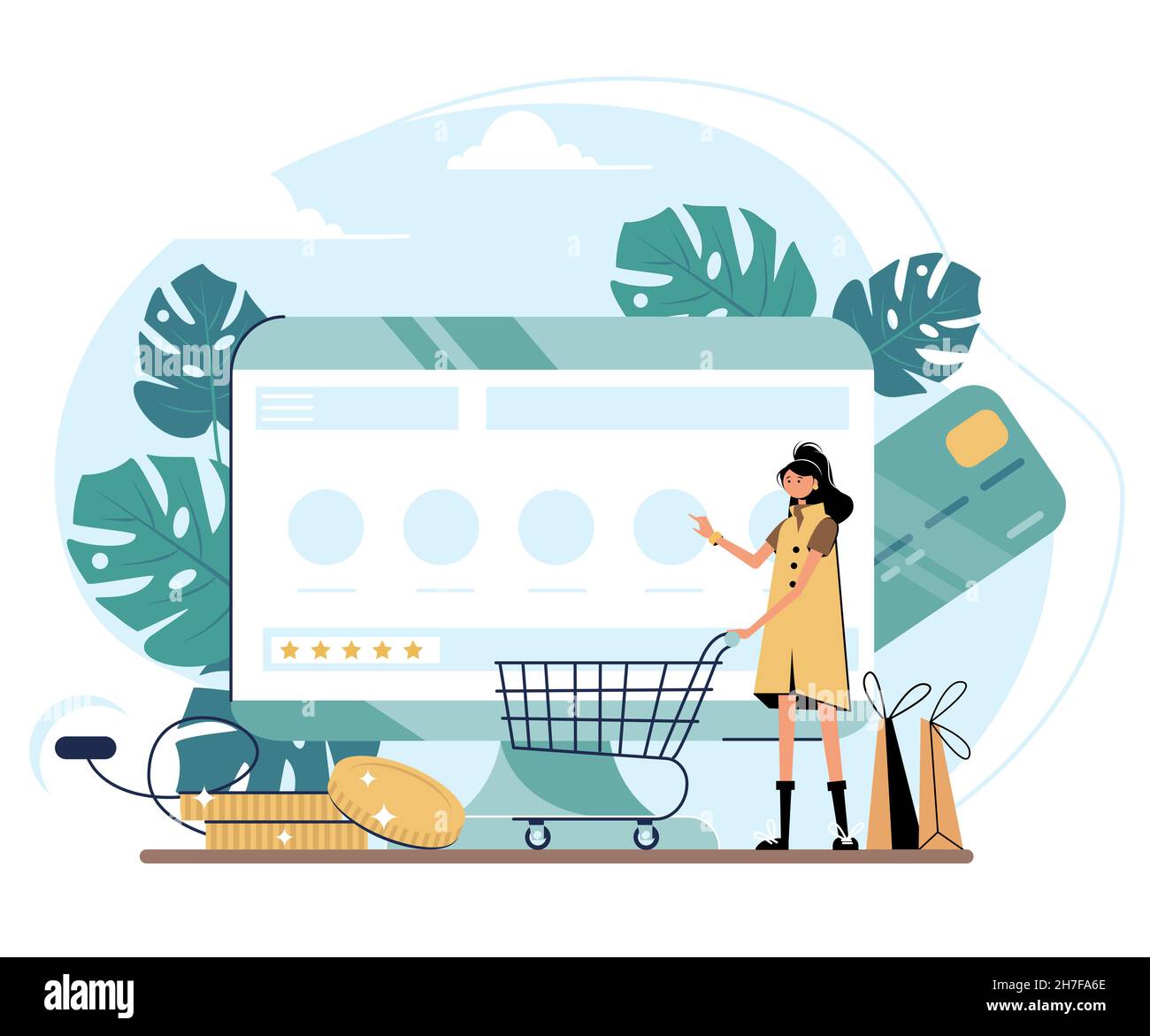 Online shopping concept with computer screen, shopping bags and credit card. Woman shopping online. Vector illustration in flat style. Stock Vector