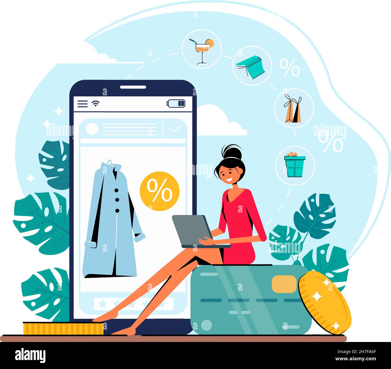 Online shopping concept with woman holding a laptop. Coins, smartphone and credit card. Special offer, discount. Vector illustration template. Stock Vector
