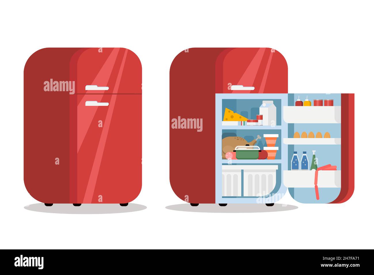 Open and close fridge. Refrigerator with food. Flat style vector illustration. Stock Vector