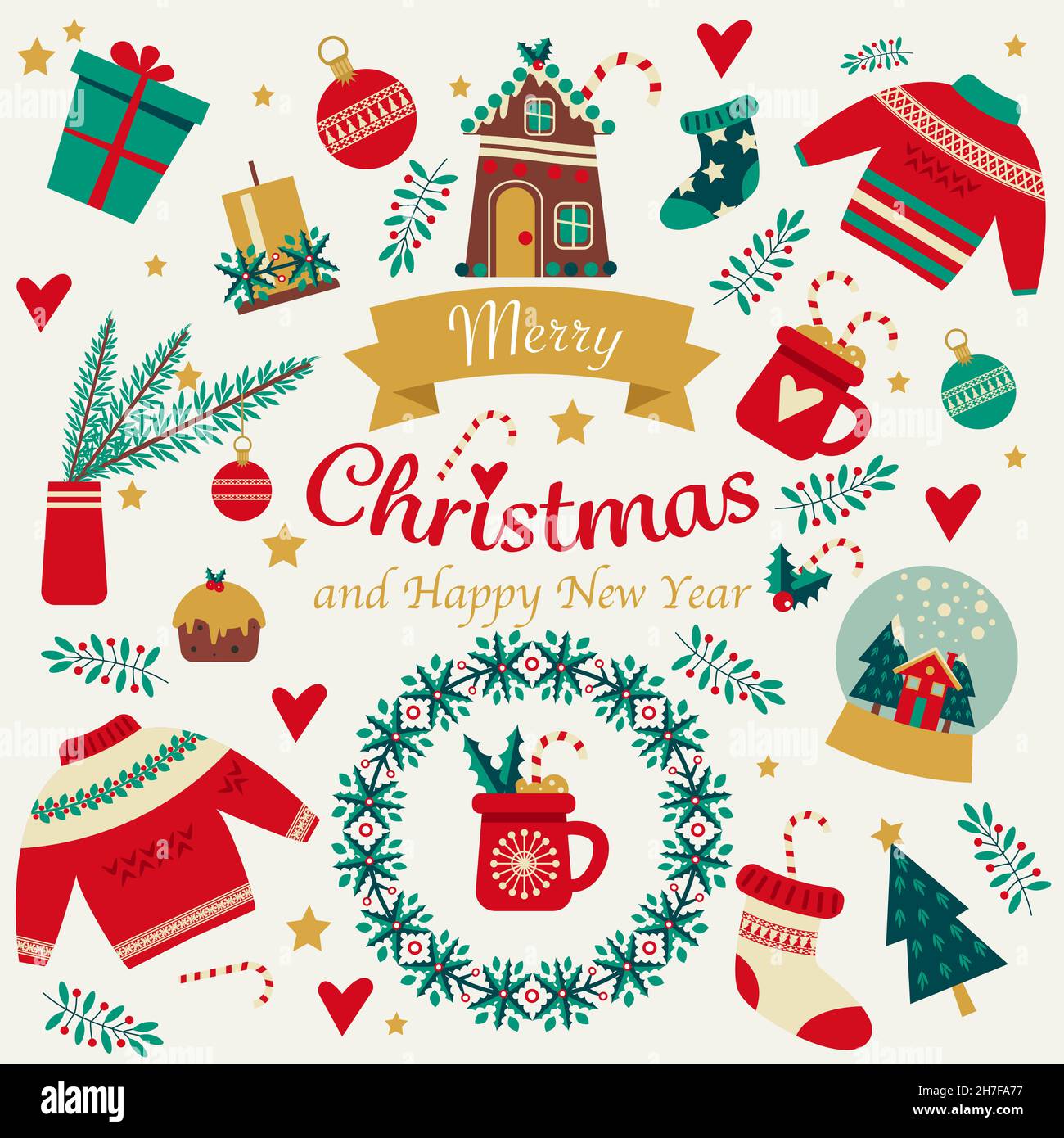 Set of Christmas elements with text. Cute vector illustration in flat ...