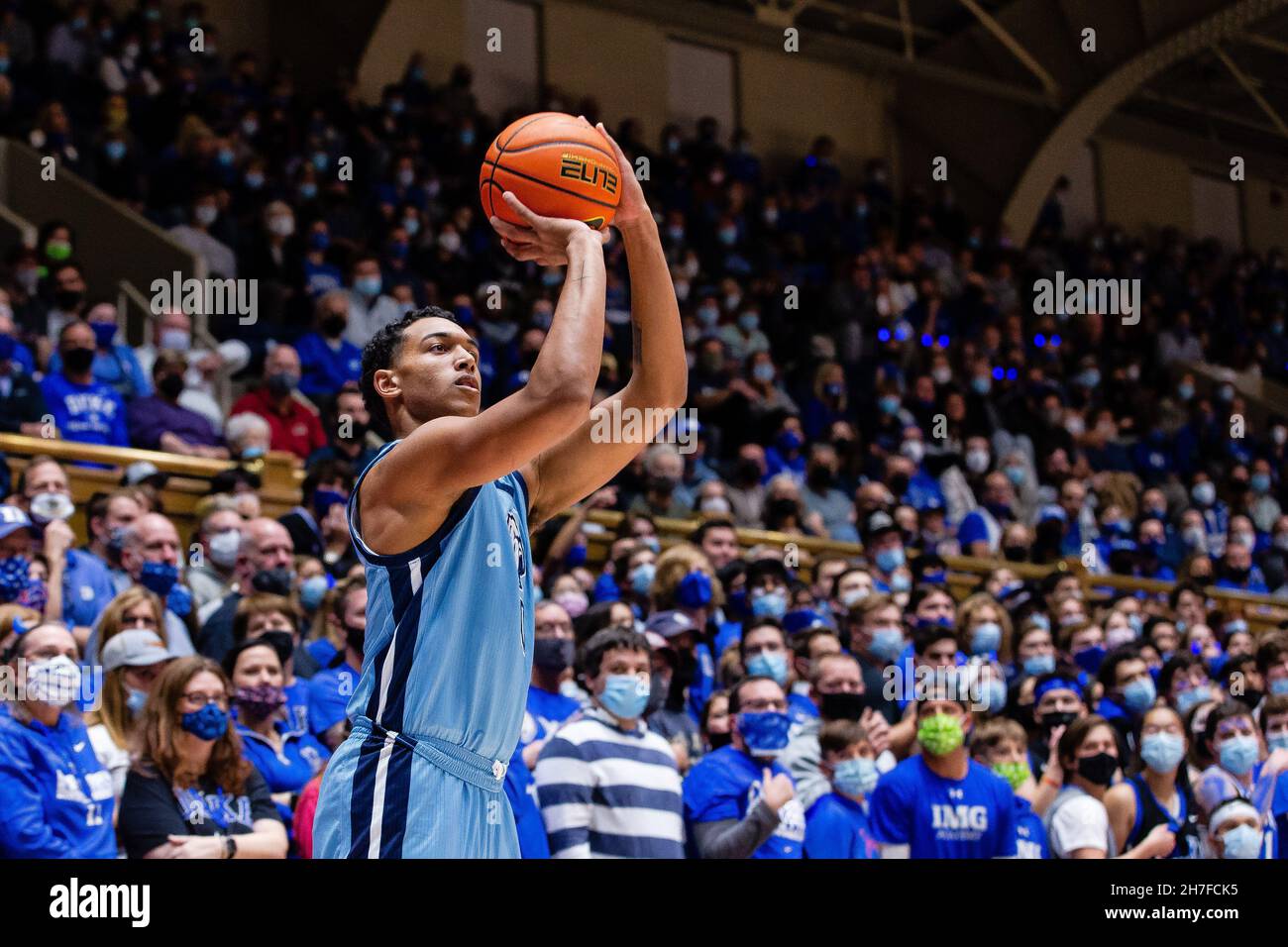 Durham, NC, USA. 22nd Nov, 2021. Citadel Bulldogs forward Jackson Price (0) shoots a three against the Duke Blue Devils during the first half of the NCAA basketball matchup at Cameron Indoor in Durham, NC. (Scott Kinser/Cal Sport Media). Credit: csm/Alamy Live News Stock Photo