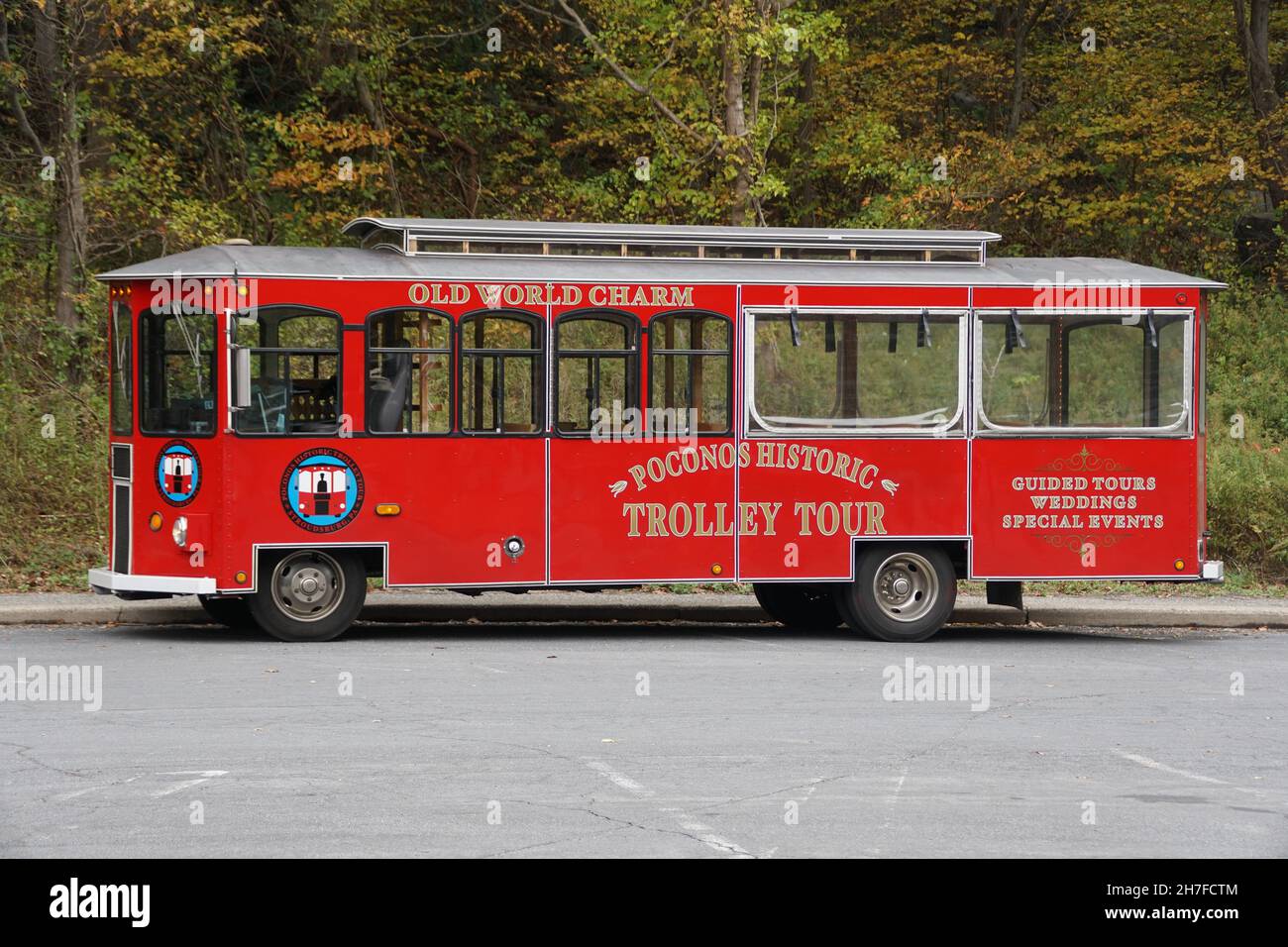 Poconos, Pennsylvania, U.S.A October 23, 2021 The bright red bus of