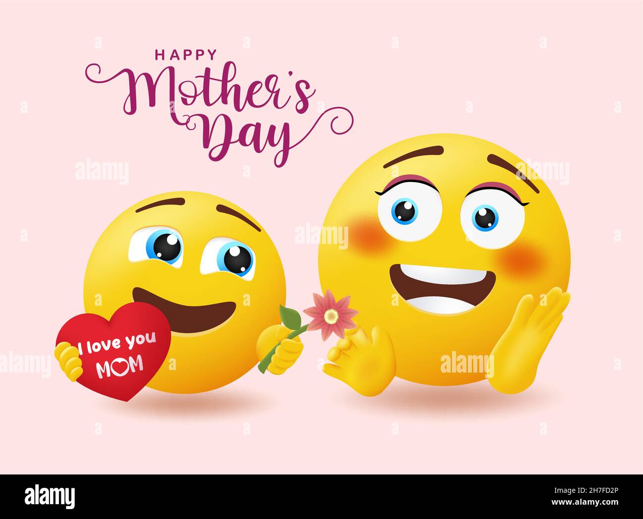 Smiley mother's day greeting vector design. Happy mothers day text with emoticon child giving flower gift for mom's day emoji celebration present. Stock Vector