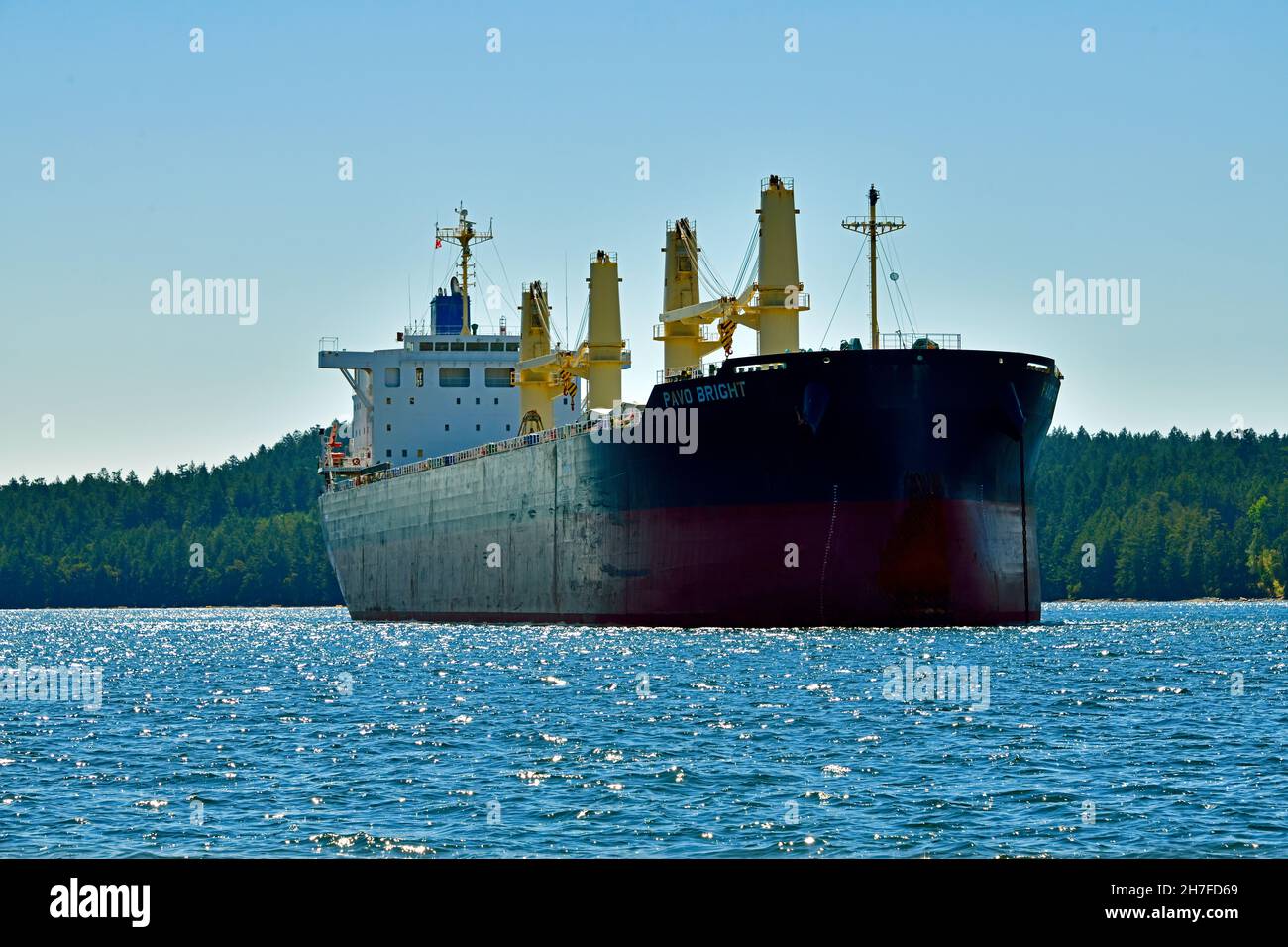 An ocean going vessel moored in the Nanaimo Harbour waiting for a load of wood products on Vancouver Island British Columbia Canada. Stock Photo