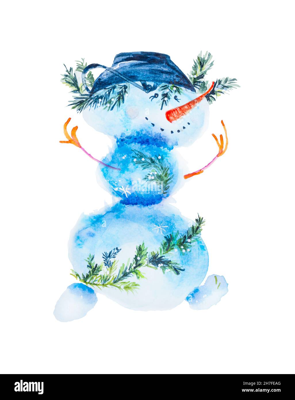 Watercolor illustration of a snowman with a bucket on his head and ...