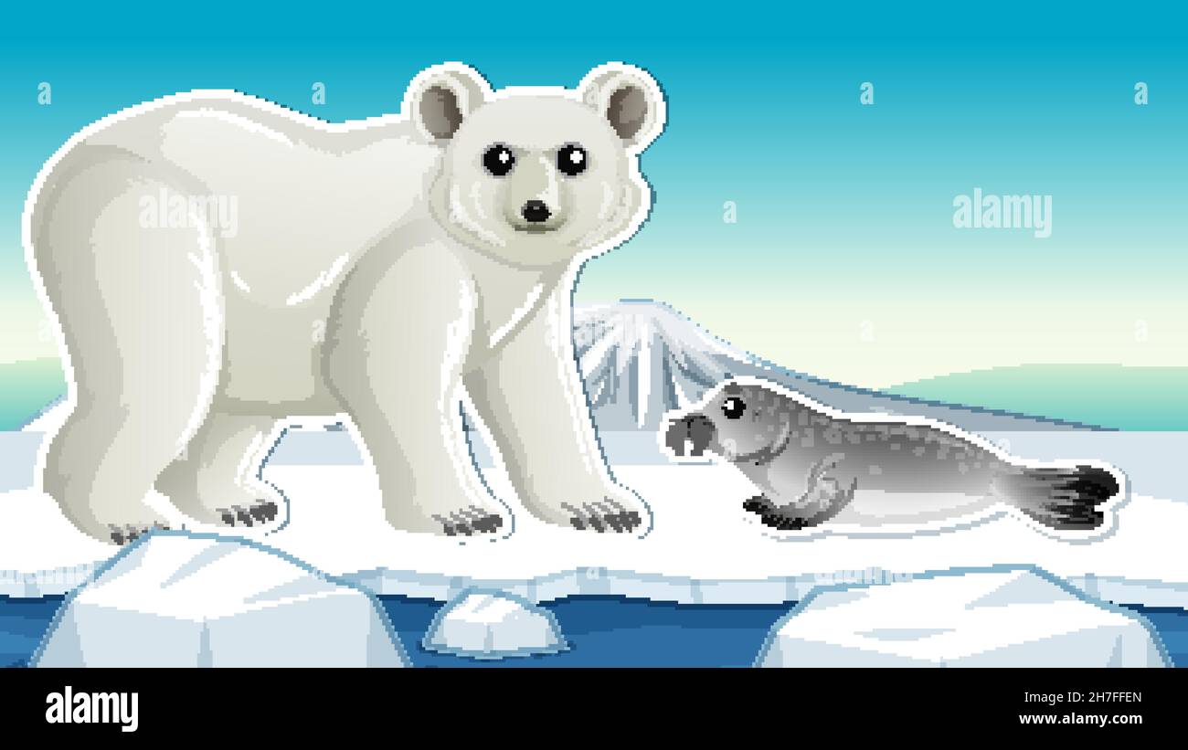 Thumbnail design with polar bear and seal illustration Stock Vector