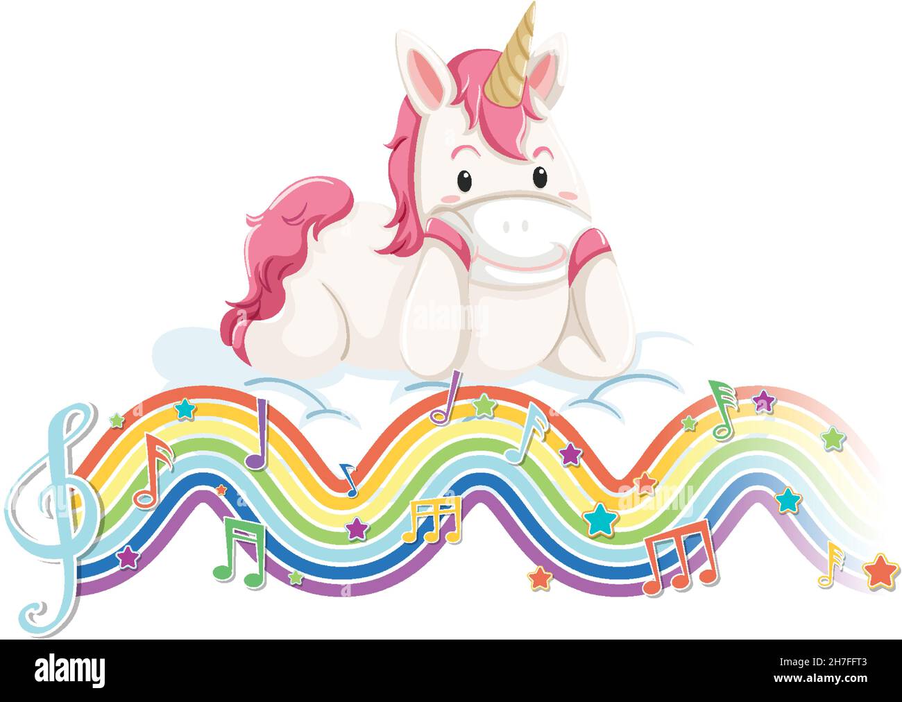 Unicorn laying on the cloud with melody symbols on rainbow wave ...