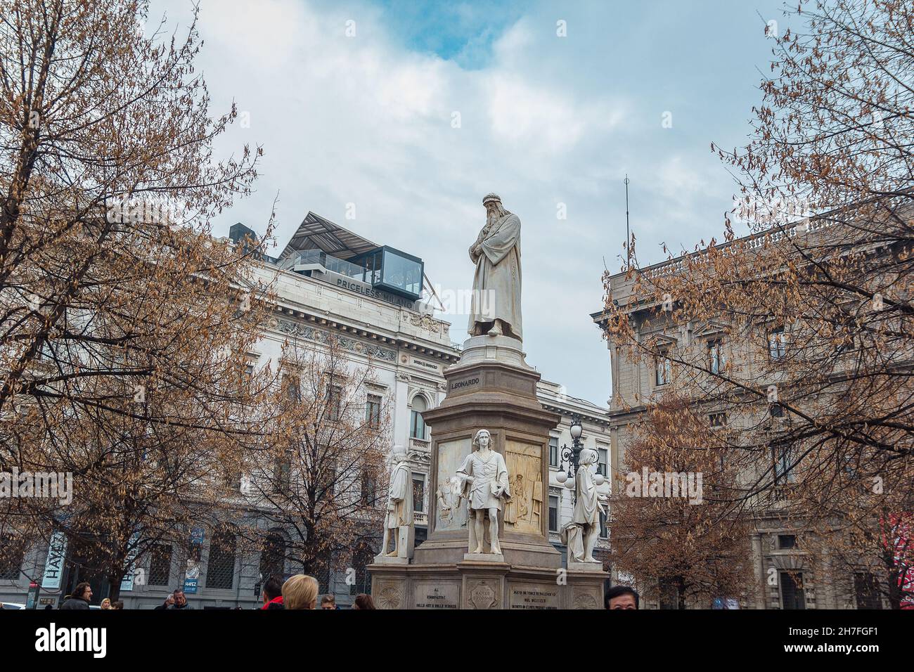 The monument to Leonardo da Vinci at Piazza della Scala square in Milan Stock Photo