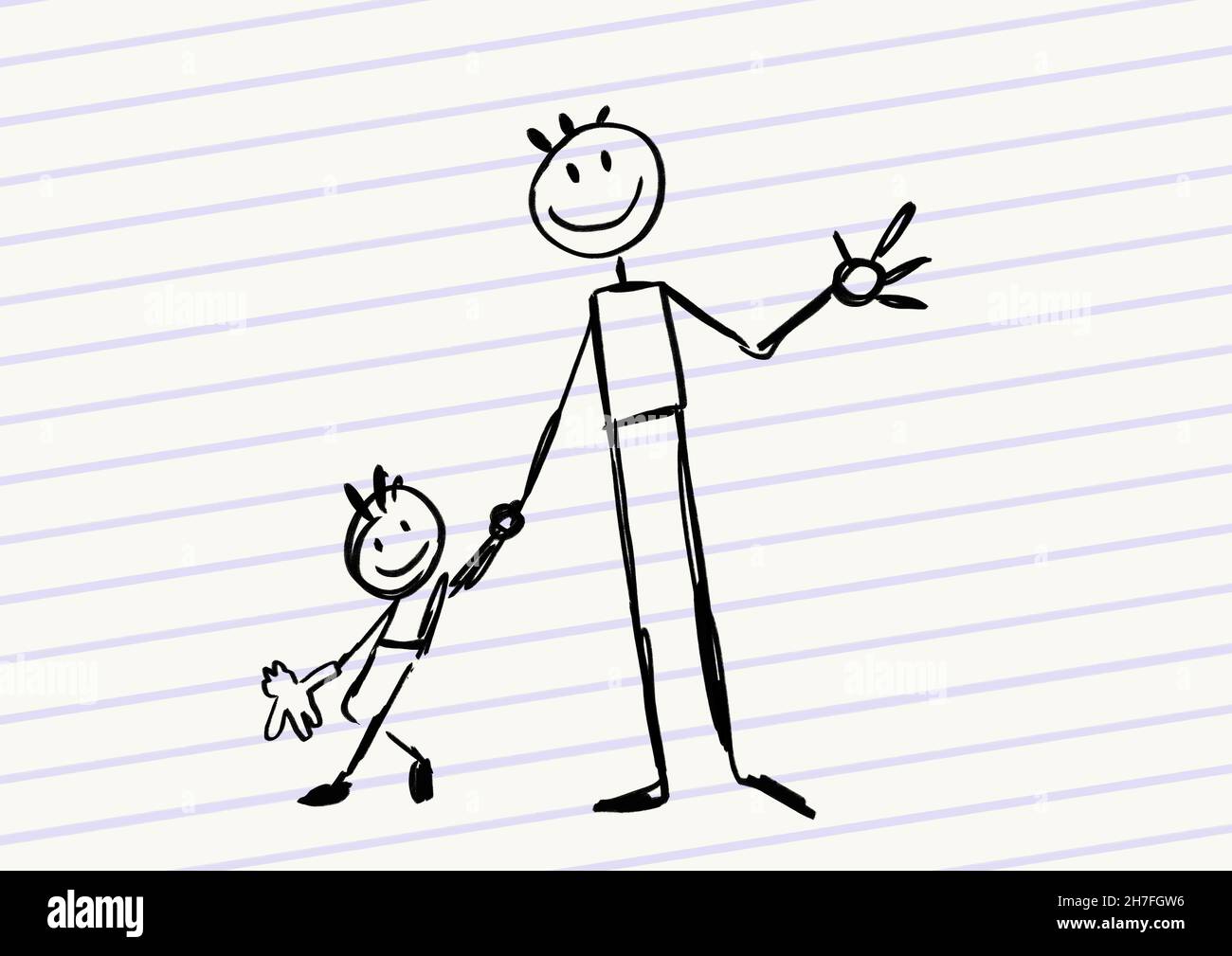 Weird sketch of a father and son on a paper with lines, childhood
