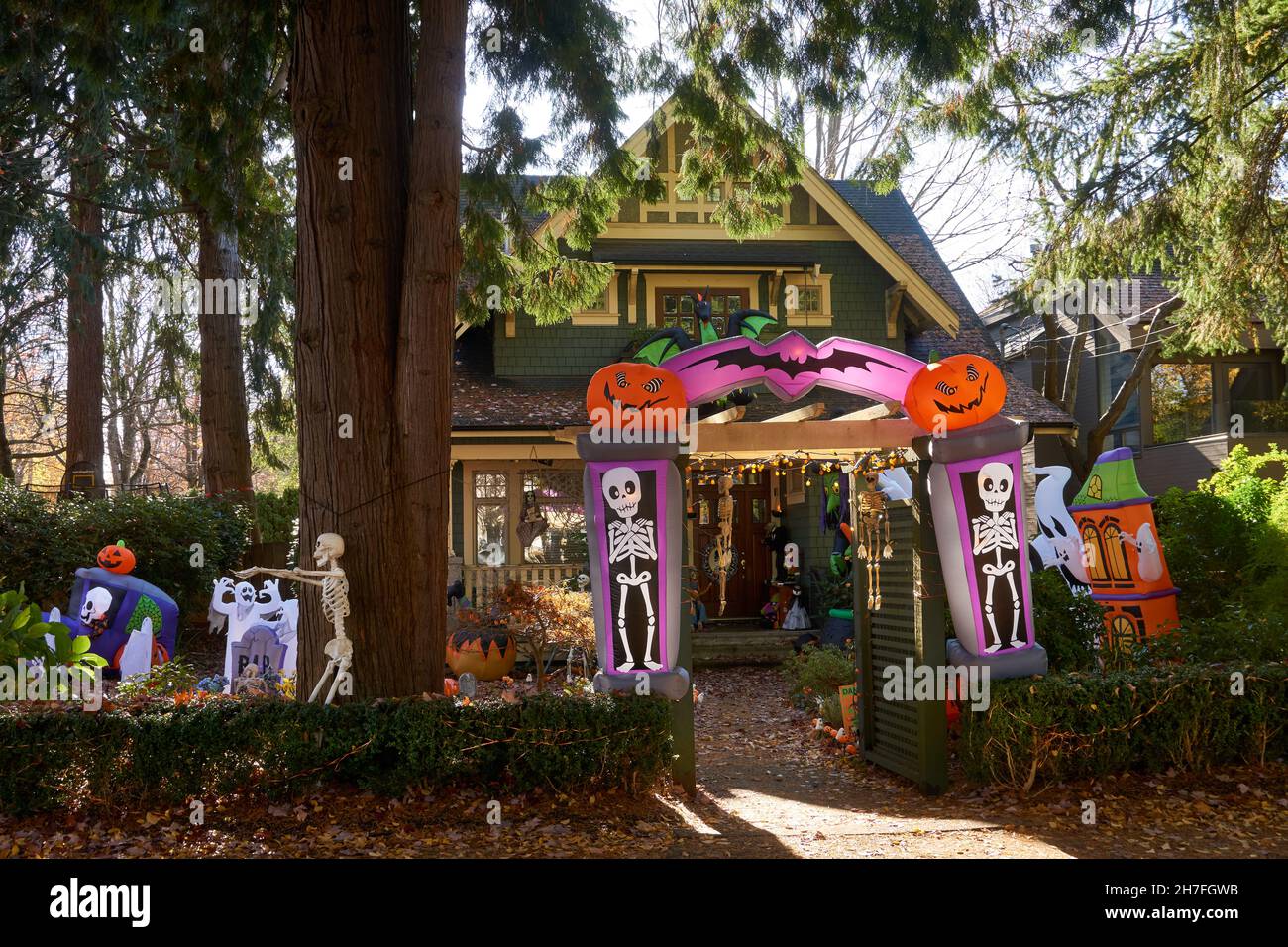 Halloween decorations in the front yard of a house Stock Photo