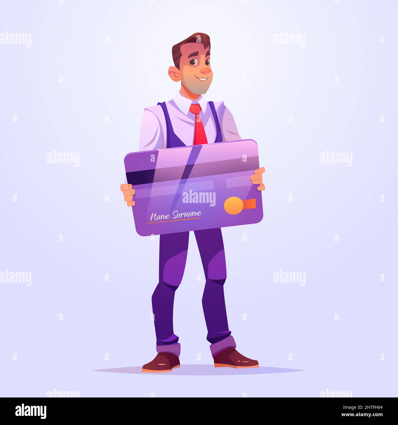 Business man hold plastic credit or debit card. Vector cartoon