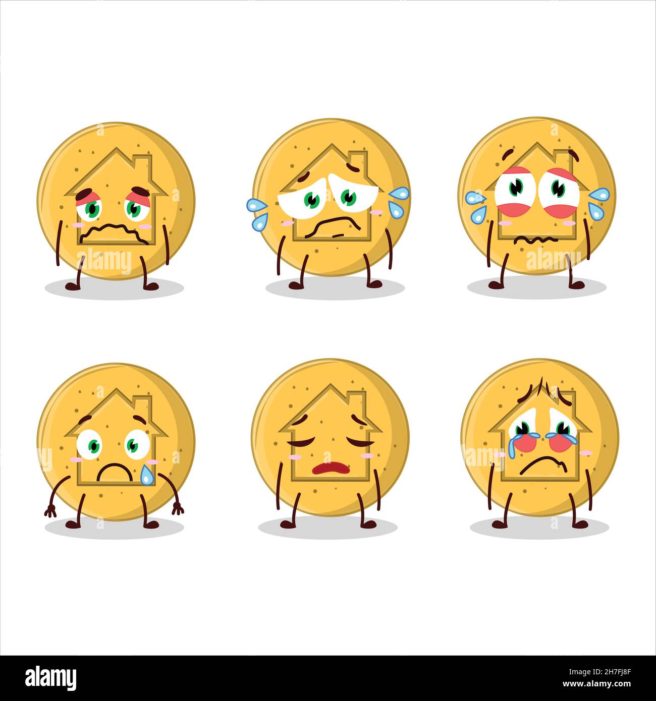 Dalgona candy house cartoon character with sad expression. Vector