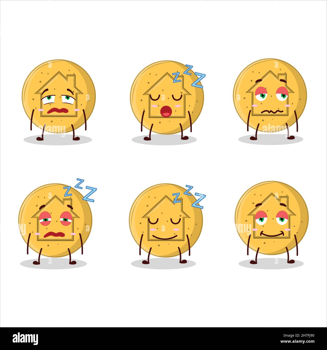 Cartoon character of dalgona candy house with sleepy expression. Vector