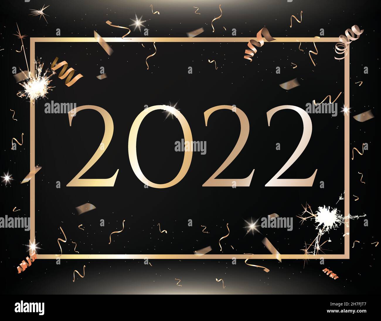 The vector black, gold New Year, Christmas Eve party countdown celebration background with golden confetti, border Stock Vector