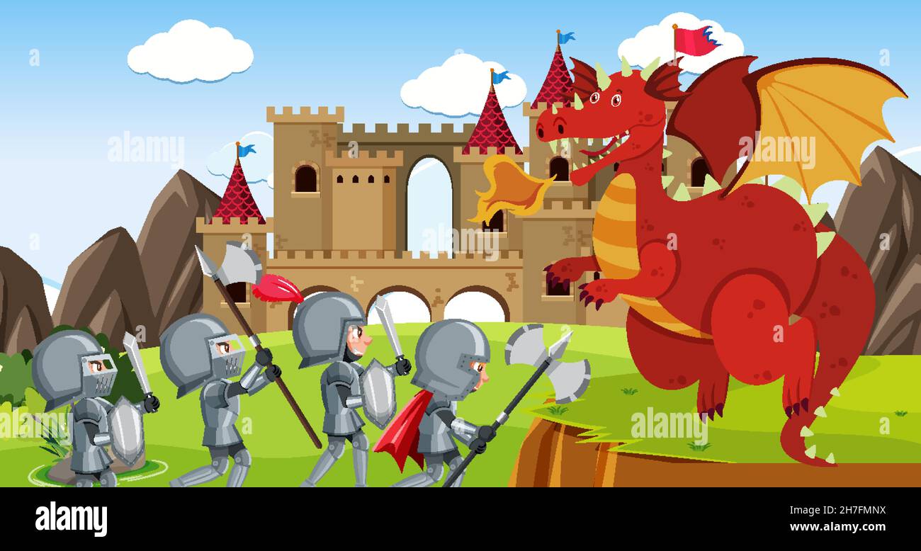 Knights fight with dragon at the castle illustration Stock Vector Image ...