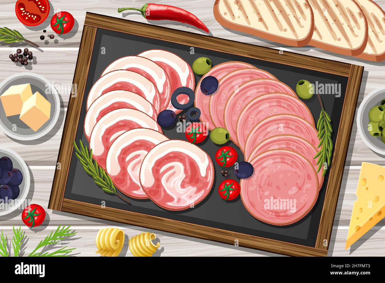 Platter of cold meats and smoked meats on the table background illustration Stock Vector