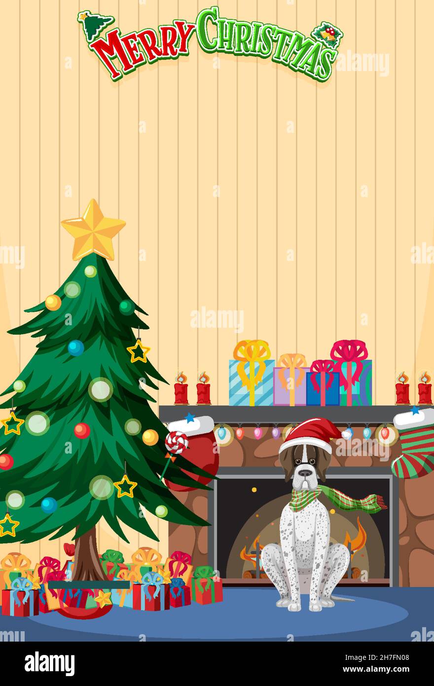 Merry Christmas poster template with christmas house interior ...