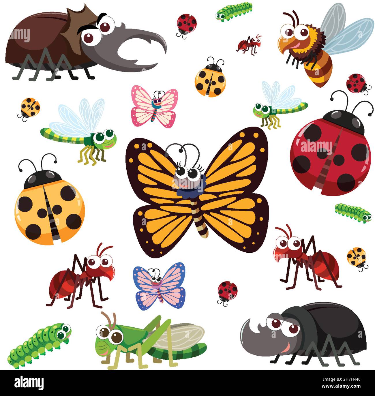 Seamless pattern with many different beetles character on white background illustration Stock Vector