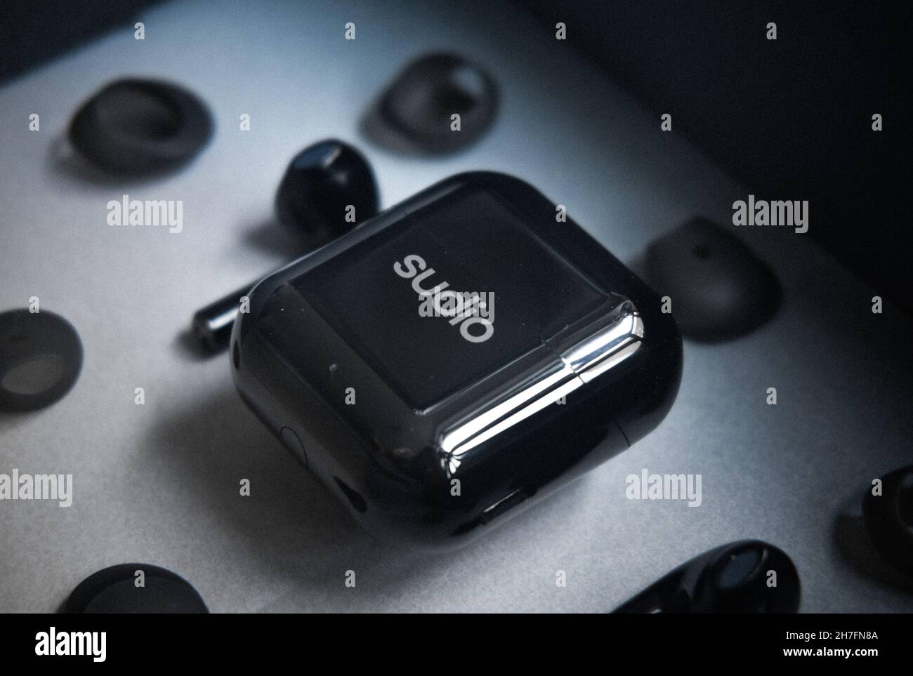 BUKIT PANJANG, SINGAPORE - Aug 26, 2021: A closeup shot of black Sudio Nio earphones in a case Stock Photo