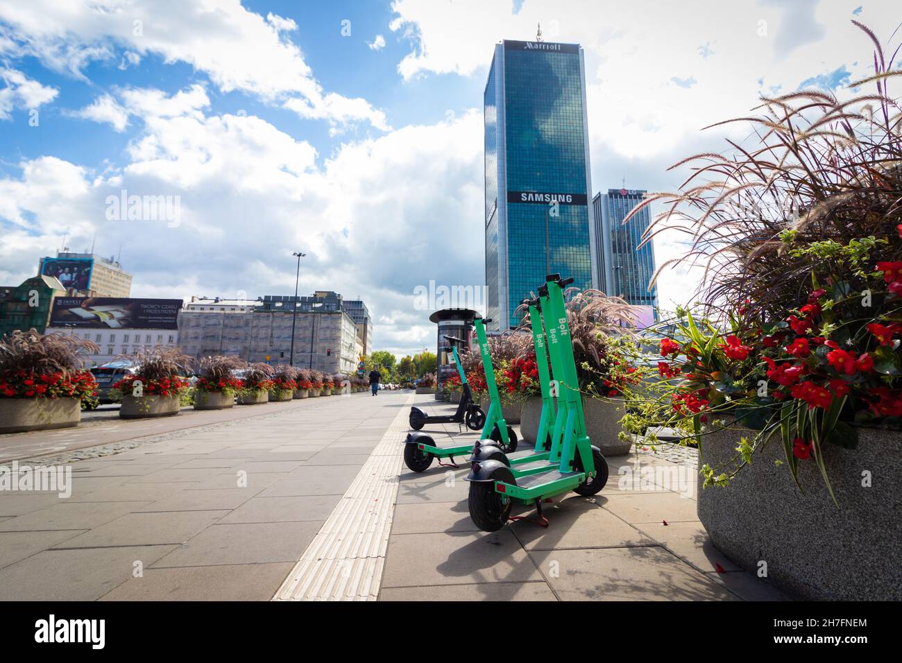 warsawpoland. 02092021. Bolt scooters for rent are placed on the