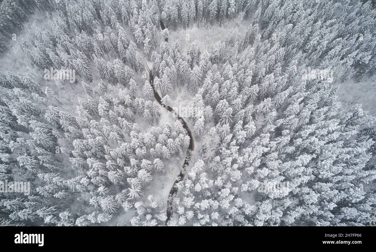 Natural winter landscape aerial drone top view.. Winter season weather Stock Photo