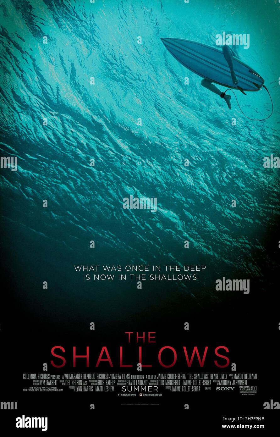 RELEASE DATE: June 29, 2016.TITLE: The Shallows.STUDIO: Columbia Pictures.DIRECTOR: Jaume Collet-Serra.PLOT: When Nancy (Blake Lively) is attacked by a great white shark while surfing alone, she is stranded just a short distance from shore. Though she is only 200 yards from her survival, getting there proves the ultimate contest of wills.PICTURED: Blake Lively as Nancy. (Credit: © Columbia Pictures/Entertainment Pictures) Stock Photo