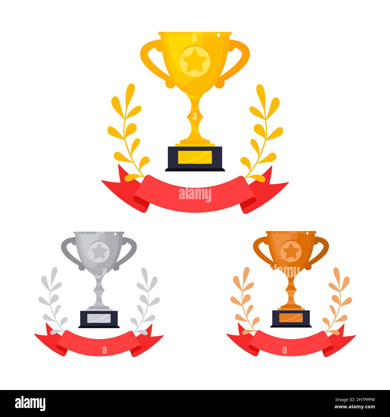 Gold, silver and bronze award trophy goblet cup set with wreath leaves