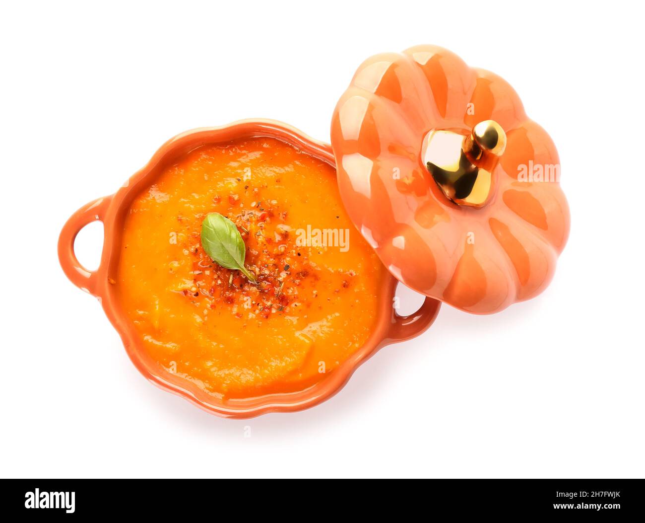 Pot with delicious pumpkin cream soup on white background Stock Photo ...