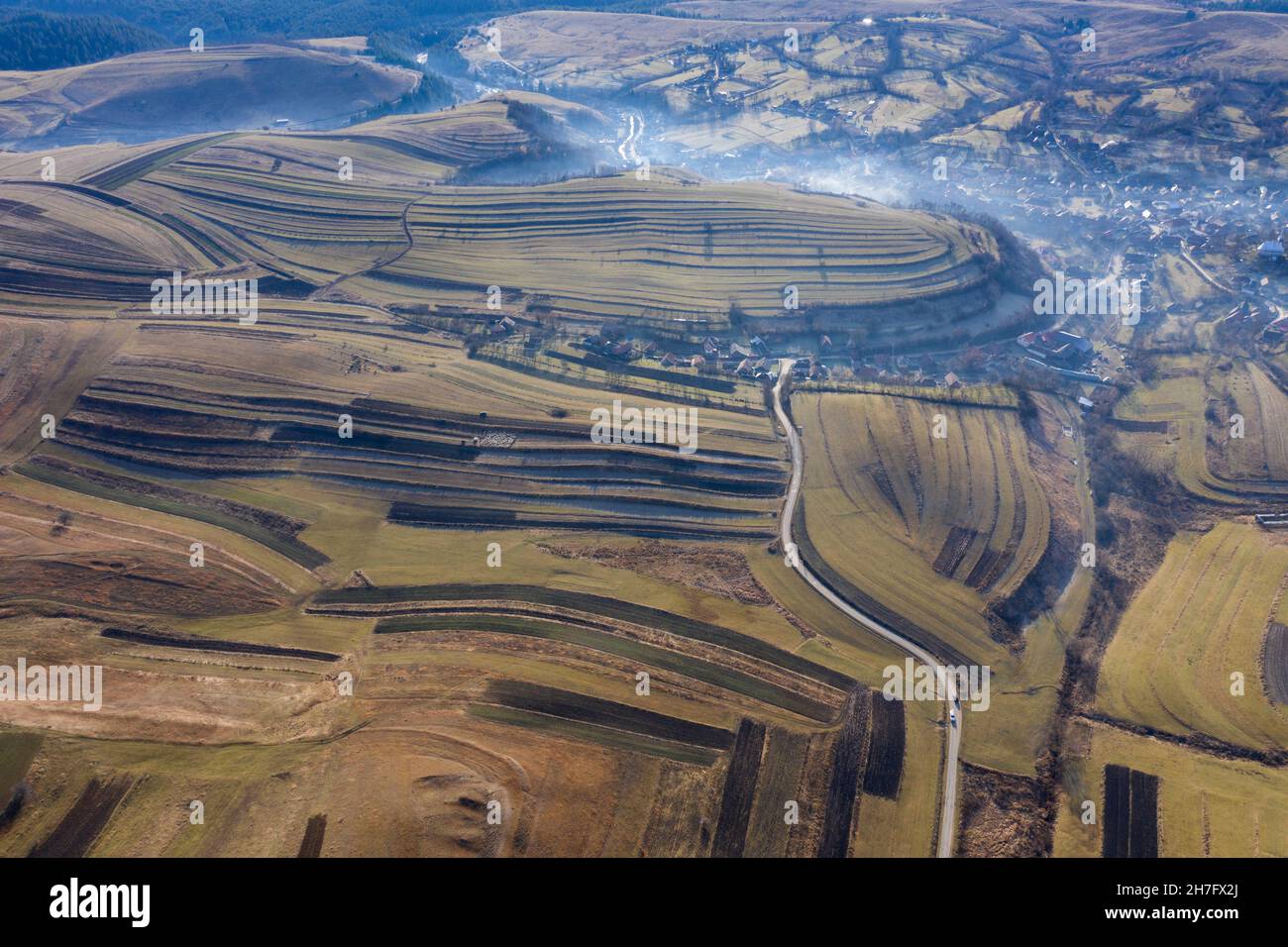 Above aerial view over agricultural fields in the autumn Stock Photo
