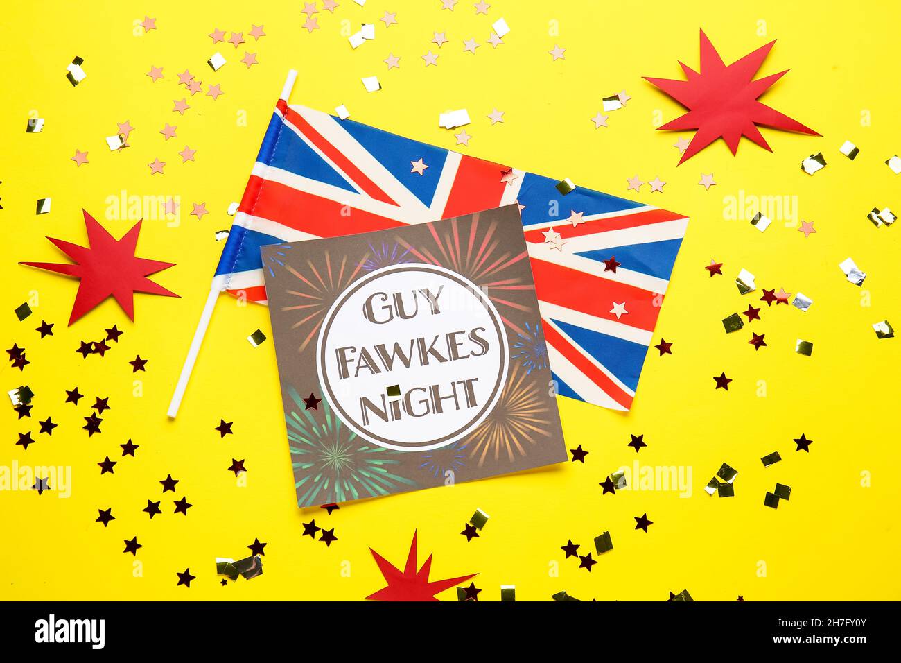 Greeting card for Guy Fawkes night, flag of Great Britain and confetti ...