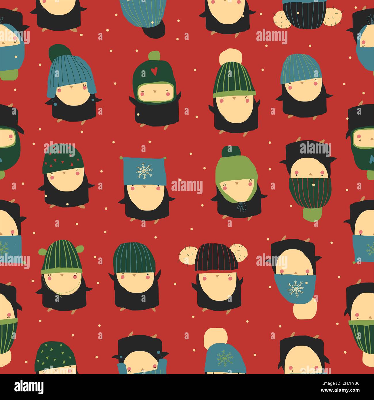 Seamless Pattern with Funny Penguins wearing Cute Hats Stock Vector
