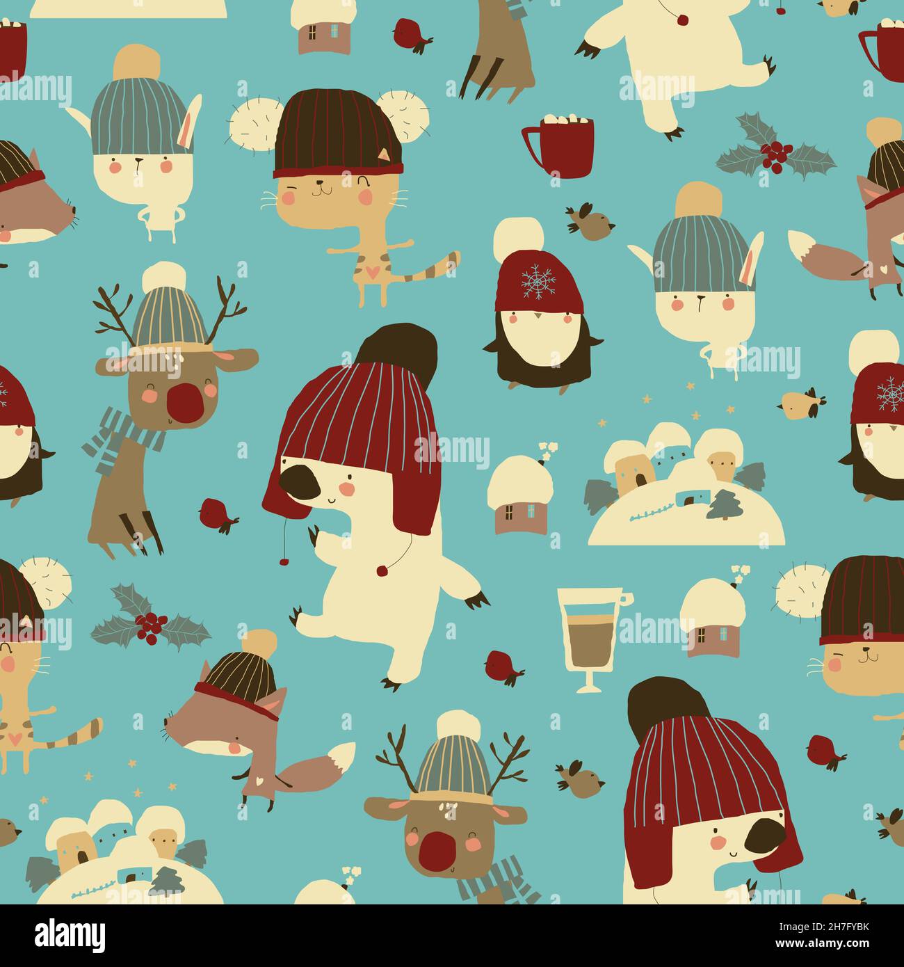 Seamless Pattern with Animals celebrating Winter Holidays Stock Vector