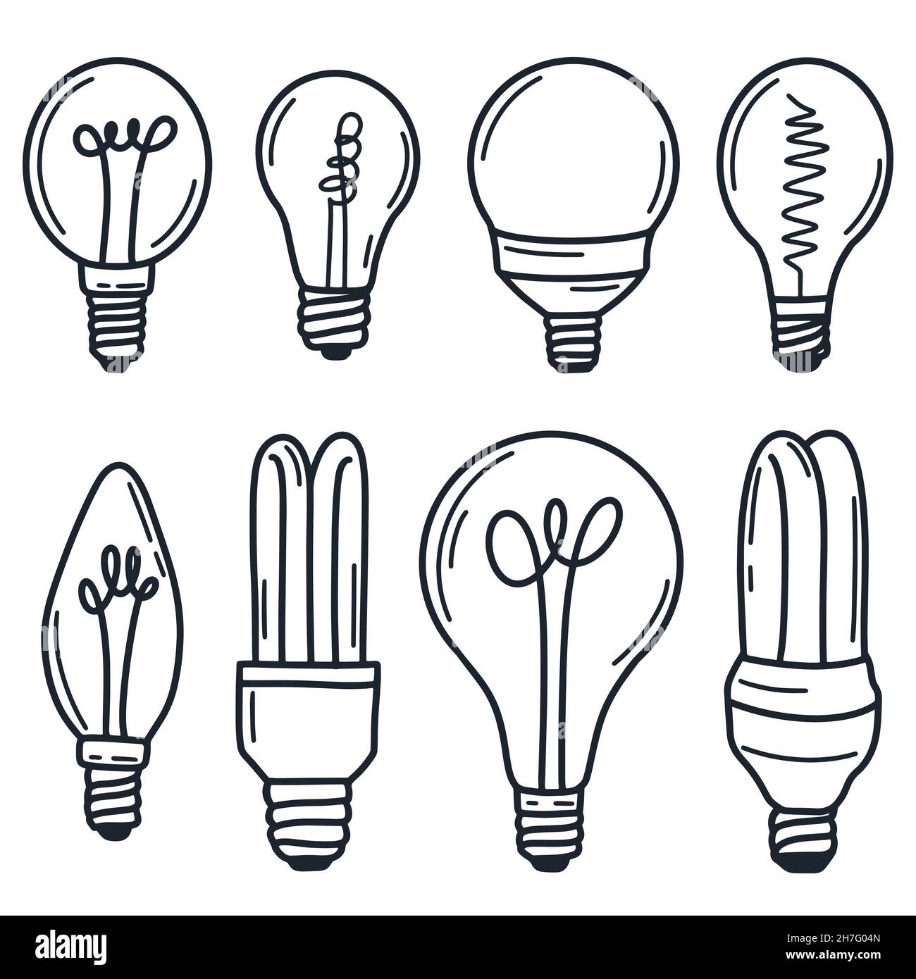 Lightbulb set, hand drawing doodle. Collection of lamps, vector illustration. Bulbs of different shapes and sizes, a source of electricity. Stock Vector