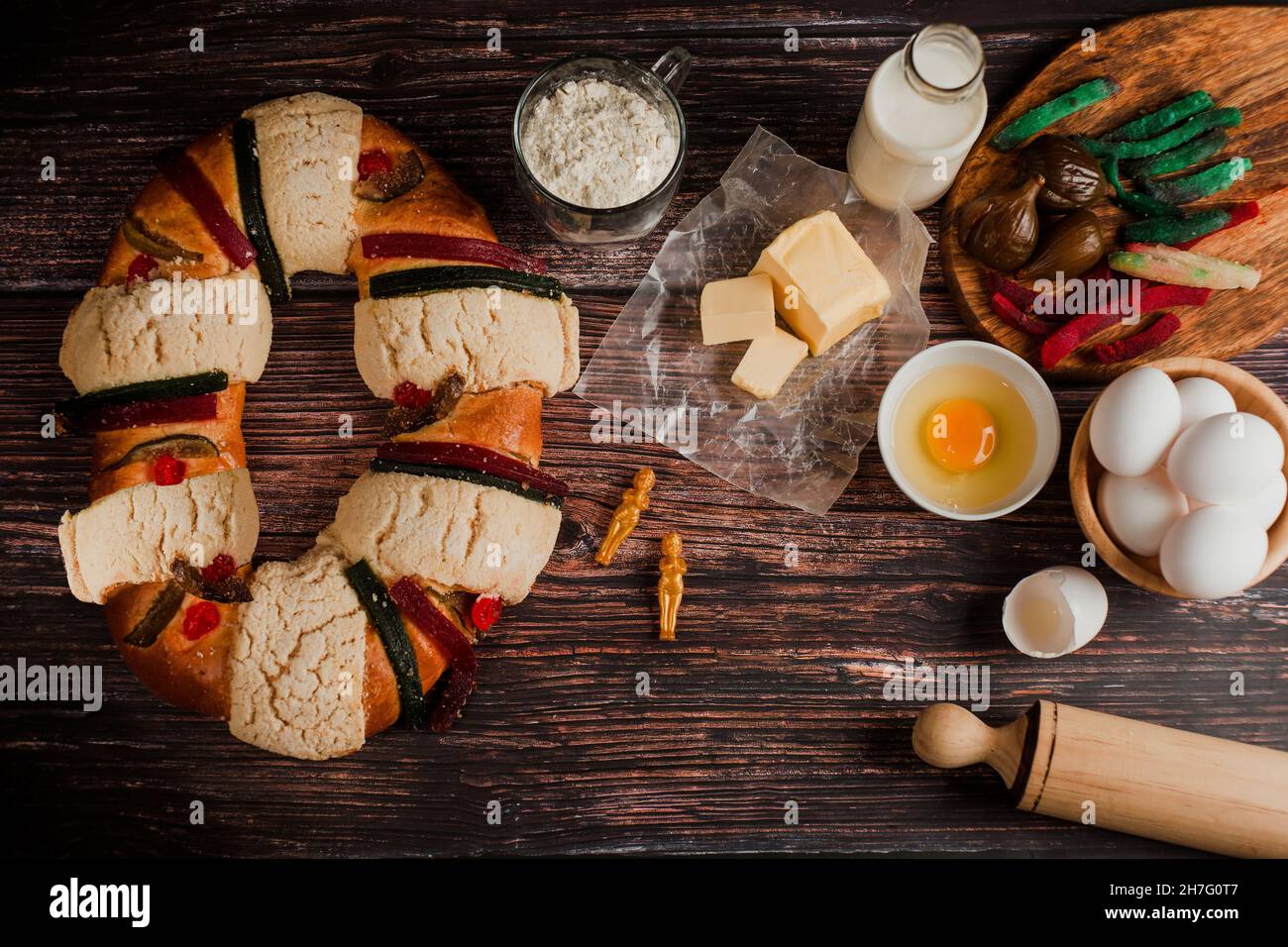 mexican Epiphany cake ingredients and recipe on a wooden table in Mexico Latin America Stock Photo