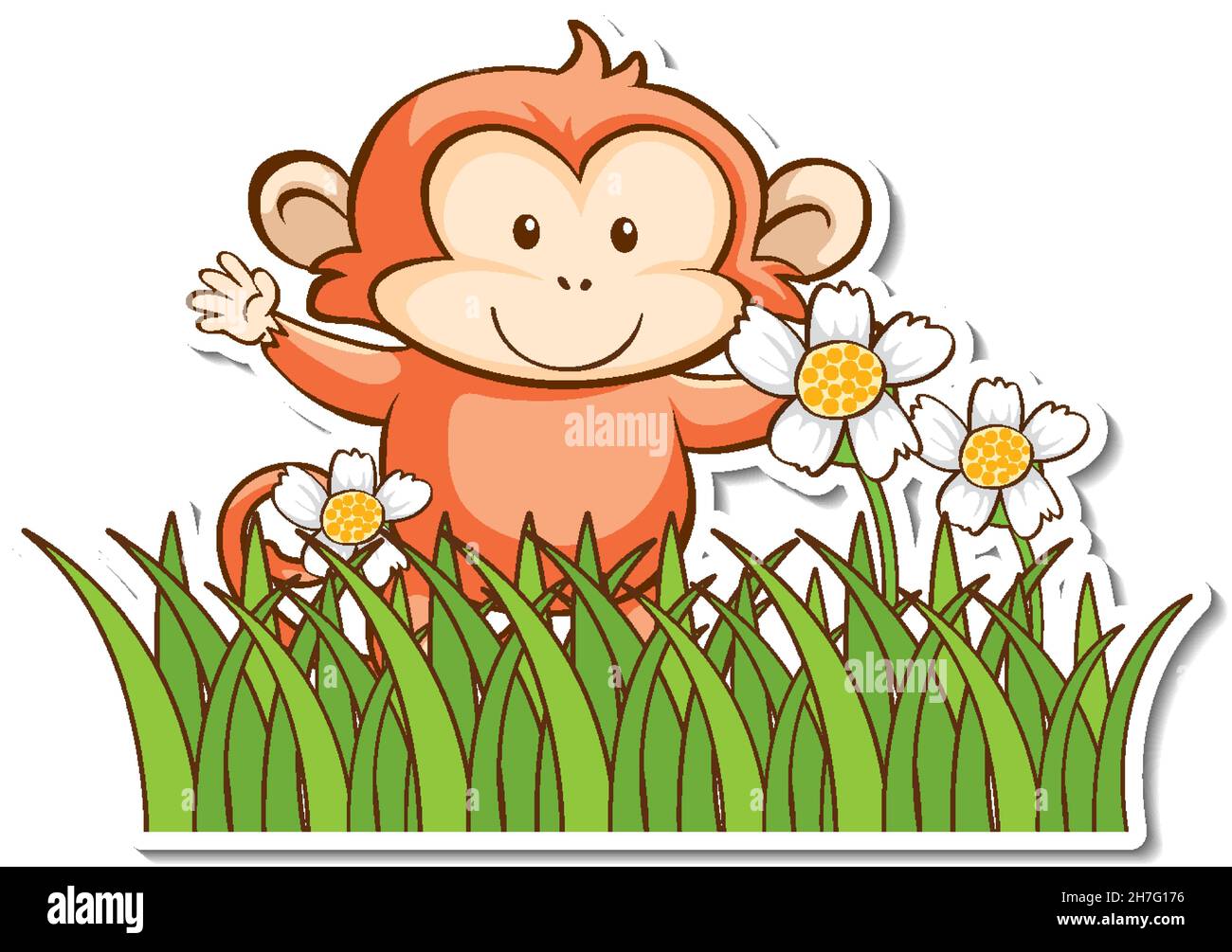 Cute monkey standing in grass field sticker illustration Stock Vector ...