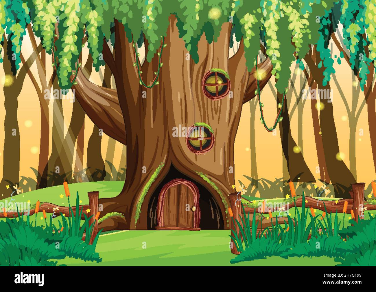 Fantasy tree house in the forest illustration Stock Vector Image & Art ...