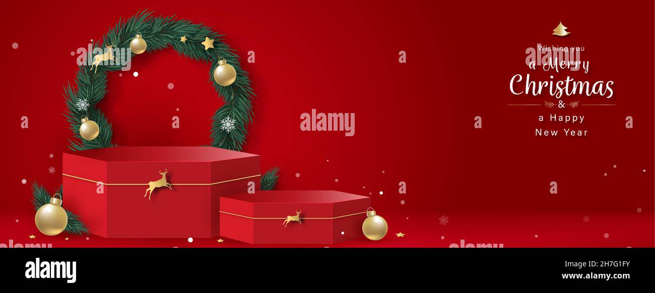 Christmas theme stage podium mock up for product placement on red banner  background Stock Vector Image & Art - Alamy