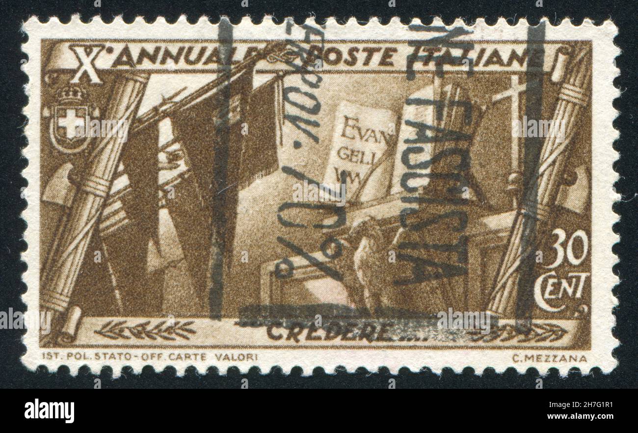 ITALY - CIRCA 1932: stamp printed by Italy, shows Flags, Bible and altar, circa 1932 Stock Photo