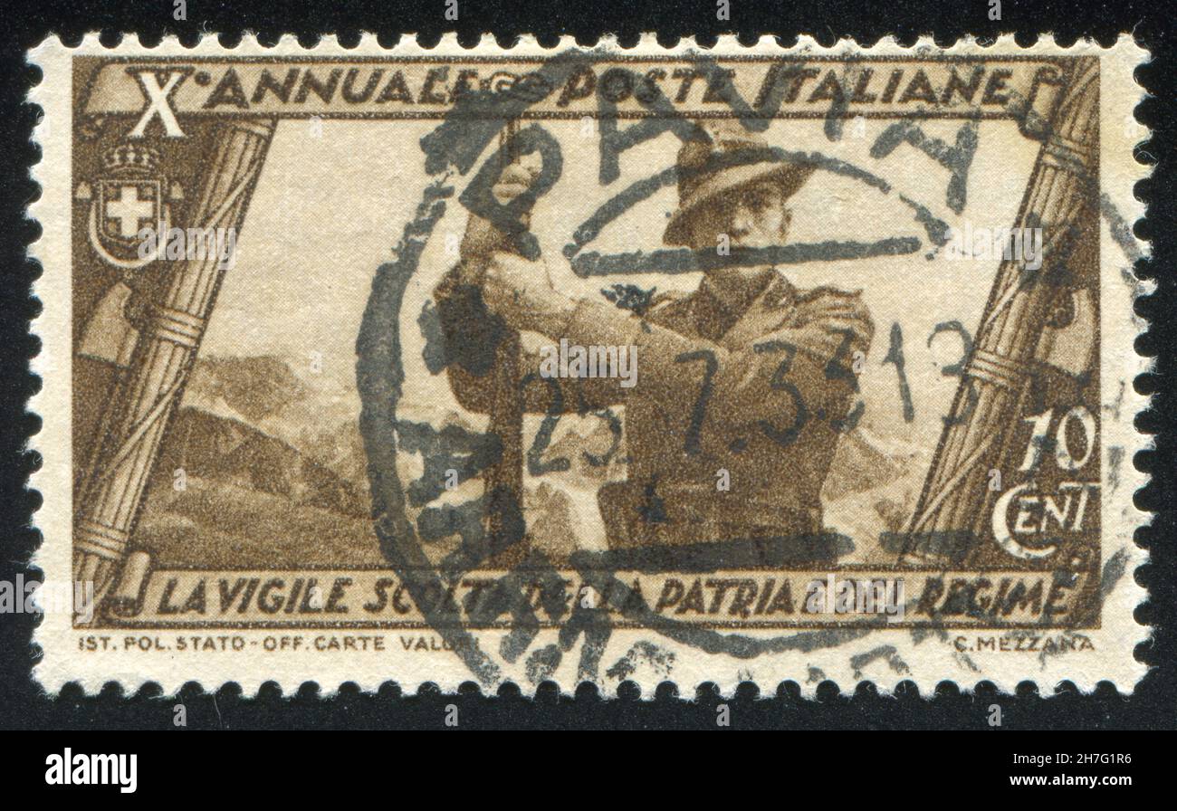 ITALY - CIRCA 1932: stamp printed by Italy, shows Soldier guarding mountain pass, circa 1932 Stock Photo