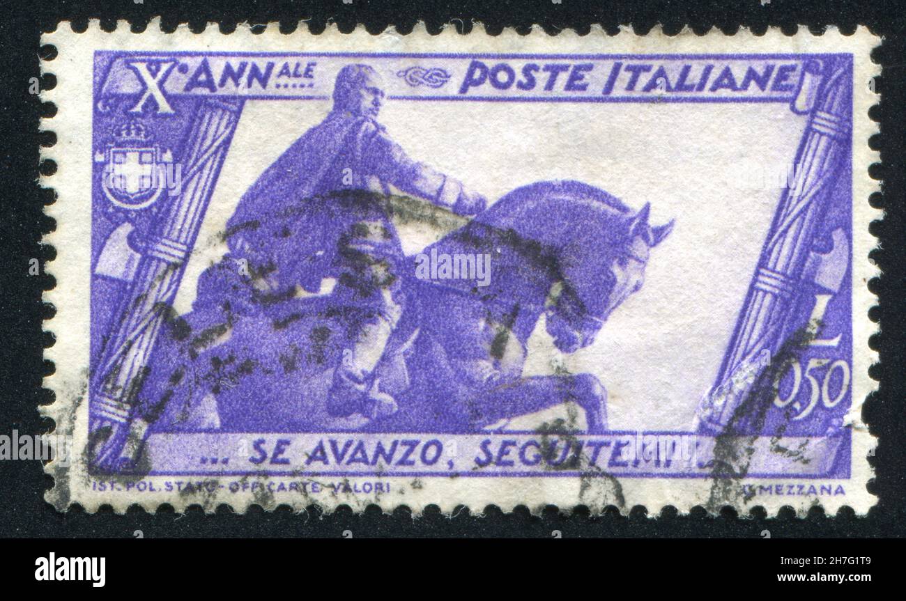 ITALY - CIRCA 1932: stamp printed by Italy, shows Mussolini statue in Bologna, circa 1932 Stock Photo