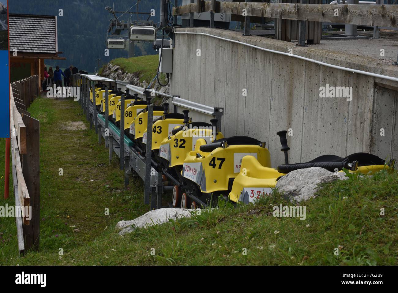Scenic view of wagons and a ropeway in Zinnen Dolomites ski resort in Vierschach, Italy Stock Photo