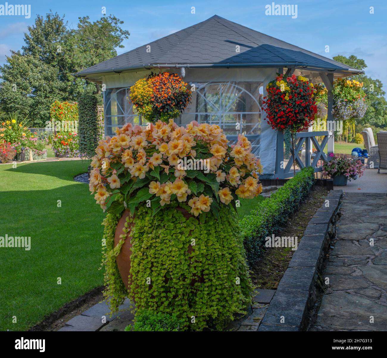 Beautiful flower tubs and baskets in a garden Stock Photo Alamy
