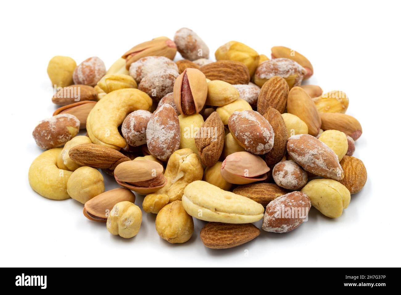 Mixed nuts isolated on white background. Snack fresh nuts. close up Stock Photo