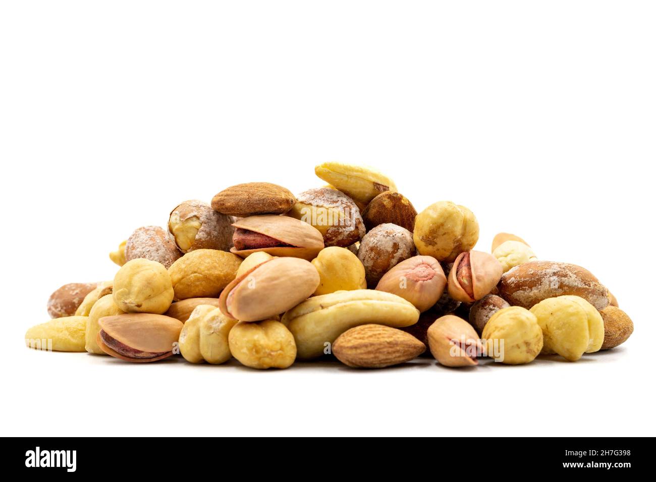 Mixed nuts isolated on white background. Snack fresh nuts. close up Stock Photo