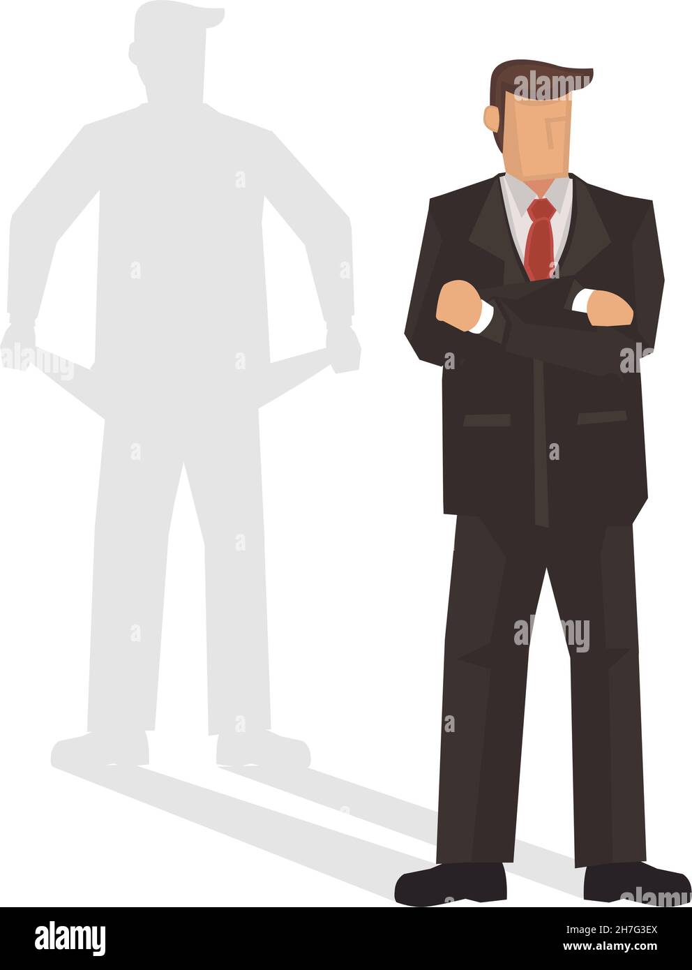 Businessman with a shadow of no money. Concept of corporate arrogant liar. Vector illustration. Stock Vector