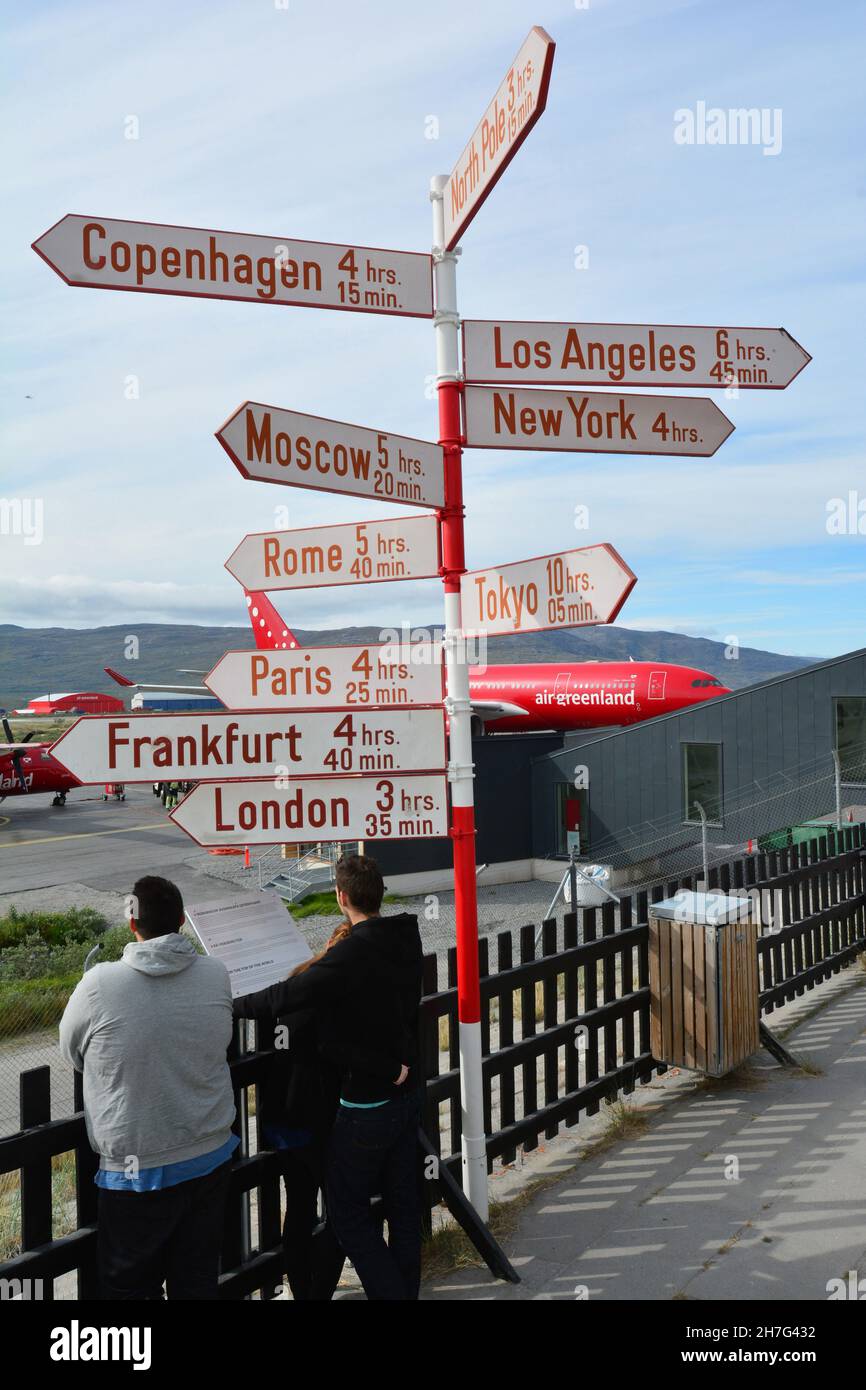 DENMARK. GREENLAND. WEST COAST. AIRPORT OF KANGERLUSSUAQ. SIGNPOST WITH THE DISTANCES TO THE MAIN CAPITALES OF THE WORLD FROM THE AIRPORT OF KANGERLUS Stock Photo