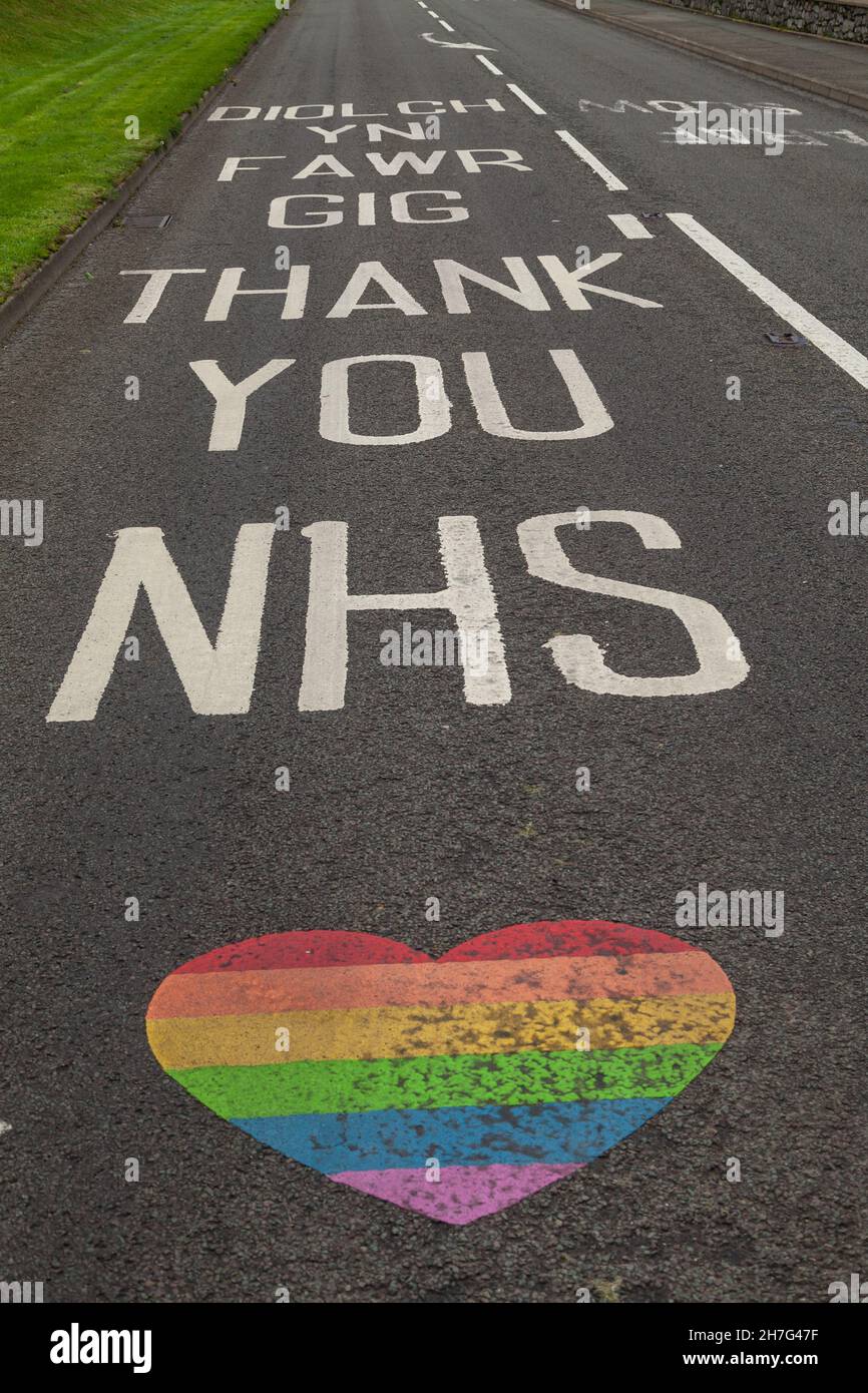 A sign saying Thank you NHS painted on a road in Anglesey, Wales. Stock Photo