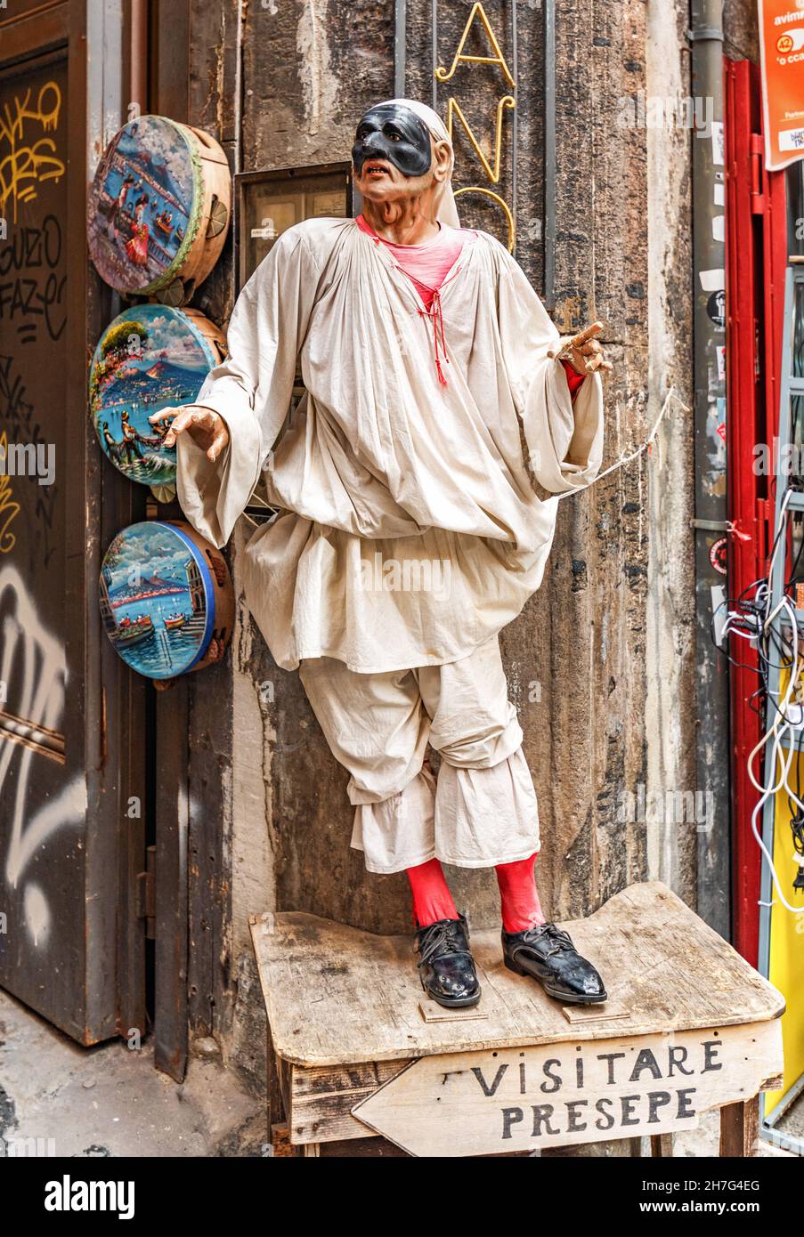 Naples, Italy - june 29 2021: Pulcinella traditional Neapolitan theater mask in San Gregorio Armeno street, historic center of Naples city and the fam Stock Photo