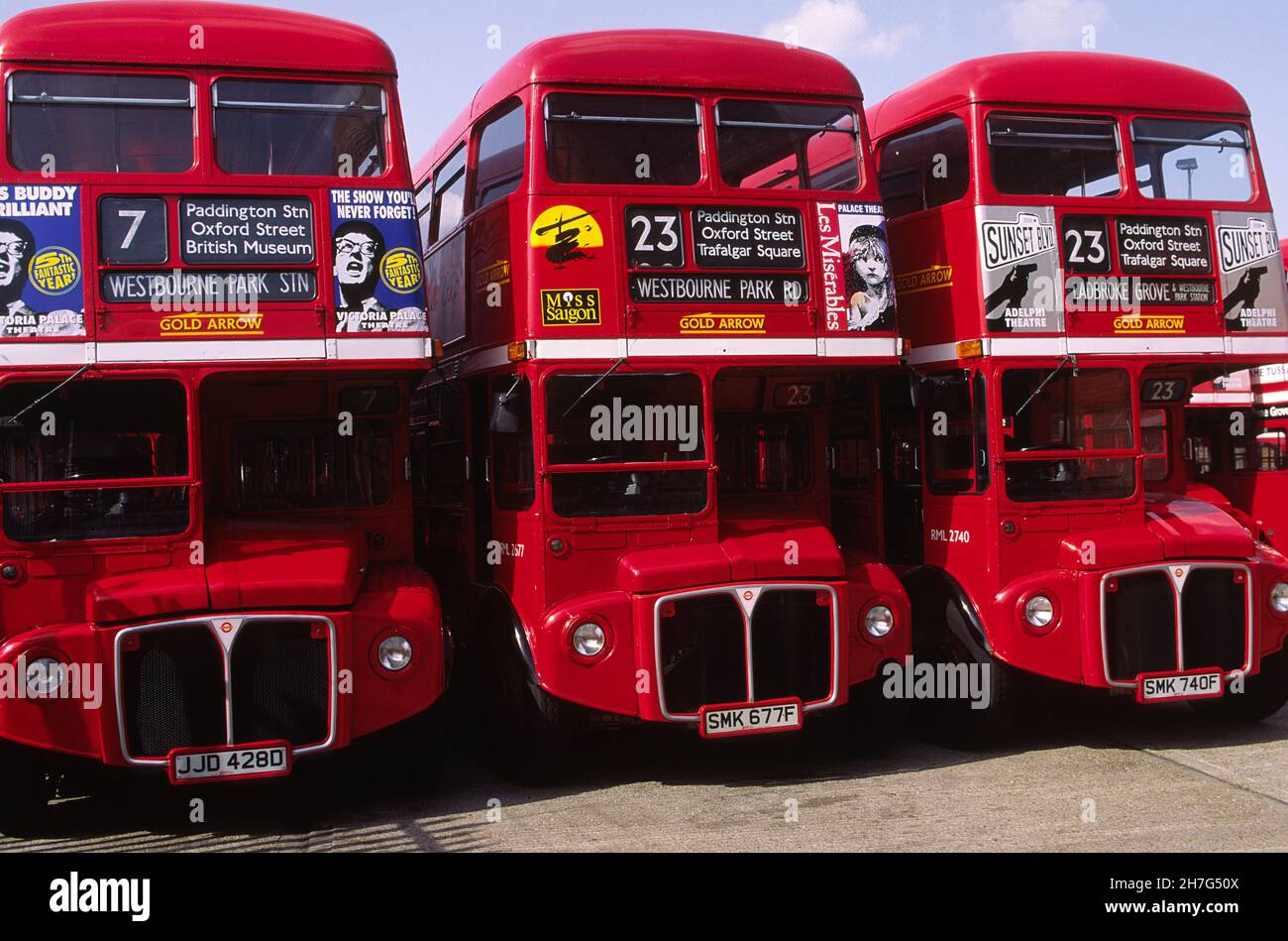 GREAT BRITAIN. LONDON. THE OLD DOUBLE DECK BUSES ARE LESS AND LESS IN USE AS A PART OF THE LIGNES HAS BEEN PRIVATISED AND RUN BY NEW BUSES. Stock Photo