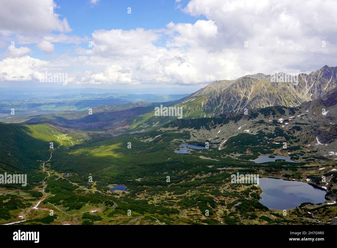 Panoramic view of mountain ponds in Gasienicowa Valley, Tatra Mountains, Poland Stock Photo